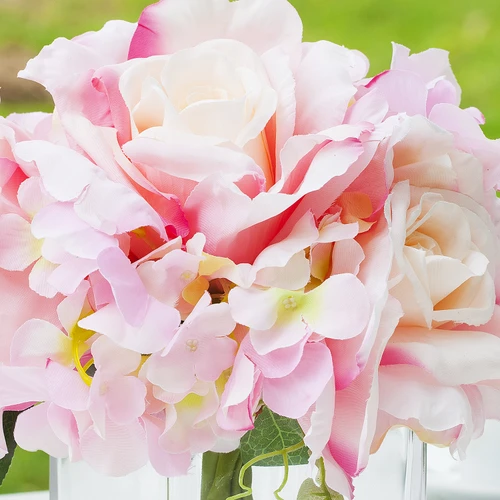 Mixed Artificial Silk Hydrangea and Rose Flower Arrangement in Cube Glass Vase With Faux Water