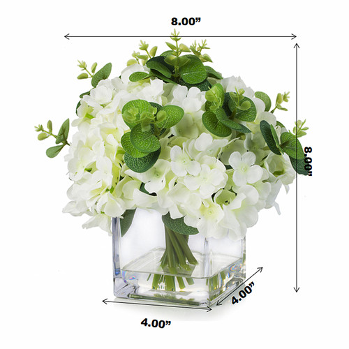 Mixed Artificial Silk Hydrangea Flower Arrangement in Cube Glass Vase With Faux Water(Cream)