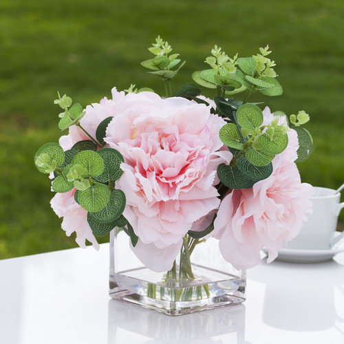 Mixed Artificial Silk Peony Flower Arrangement in Cube Glass Vase With Faux Water