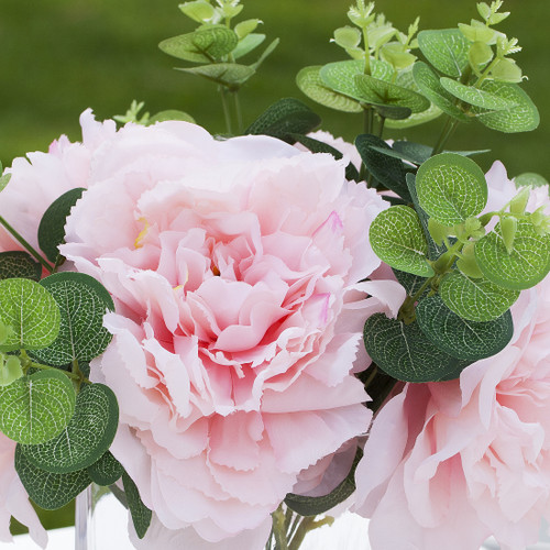 Mixed Artificial Silk Peony Flower Arrangement in Cube Glass Vase With Faux Water