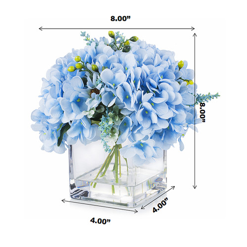 Mixed Artificial Silk Hydrangea Flower Arrangement in Cube Glass Vase With Faux Water(Blue)