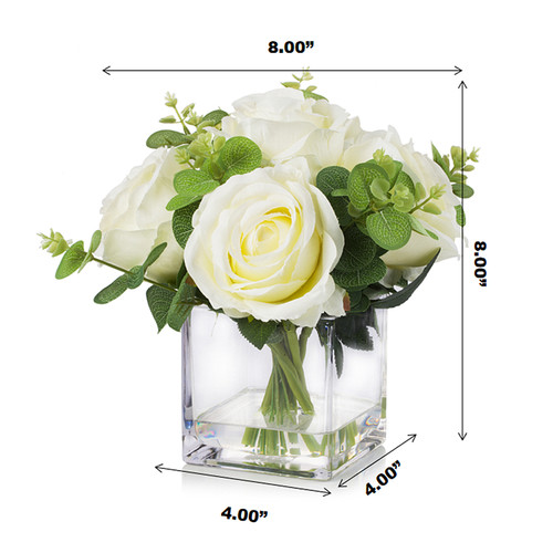 Mixed Artificial Silk Rose Flower Arrangement in Cube Glass Vase With Faux Water(Cream)