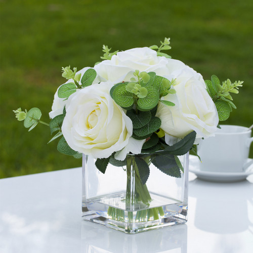 Mixed Artificial Silk Rose Flower Arrangement in Cube Glass Vase With Faux Water(Cream)