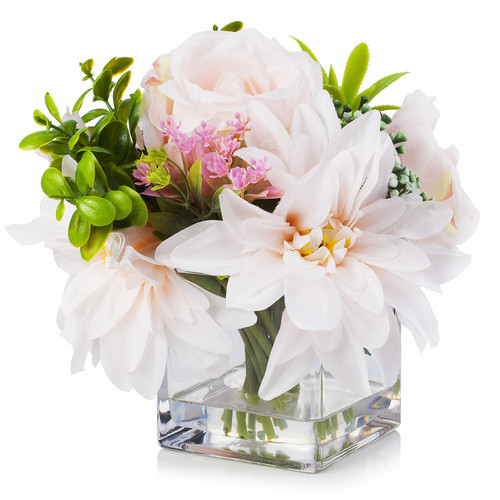 Mixed Artificial Silk Dahlia Flower Arrangement in Cube Glass Vase With Faux Water(Pink)