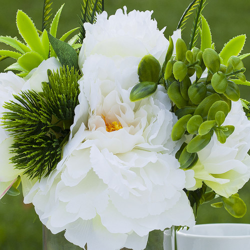 Mixed Artificial Silk Peony Flower Arrangement in Clear Glass Vase With Faux Water(Cream)