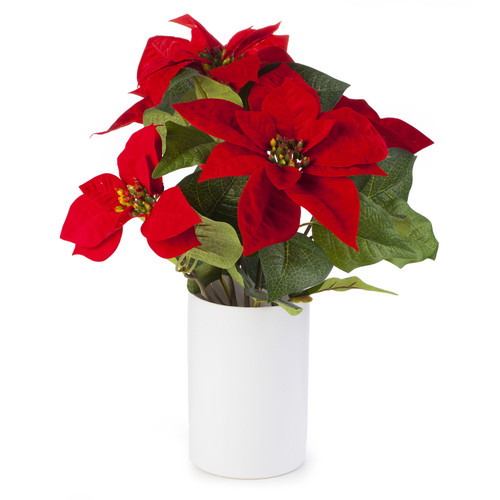 Artificial Poinsettia Flower Arrangement in White Ceramic Vase