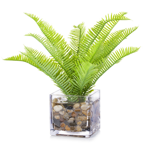 Artificial Fern Plant In Cube Glass Vase