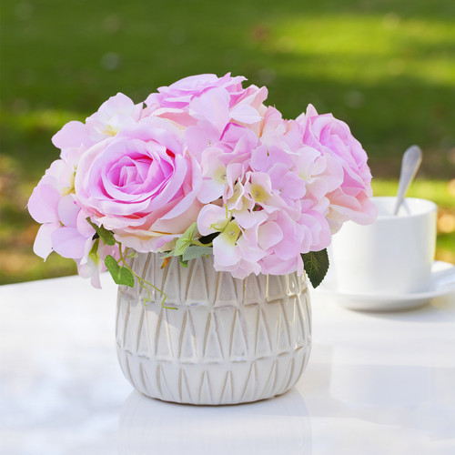 Mixed Artificial Silk Hydrangea and Rose Flower Arrangement in Ceramic Pot (Pink)
