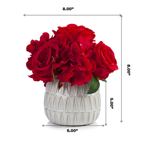 Mixed Artificial Silk Hydrangea and Rose Flower Arrangement in Ceramic Pot (Red)