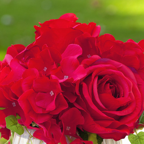 Mixed Artificial Silk Hydrangea and Rose Flower Arrangement in Ceramic Pot (Red)