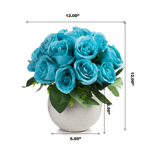 18 Heads Artificial Silk Rose Flower Arrangement in Ceramic Pot (Aqua)