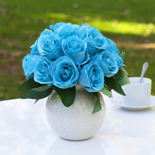 18 Heads Artificial Silk Rose Flower Arrangement in Ceramic Pot (Aqua)