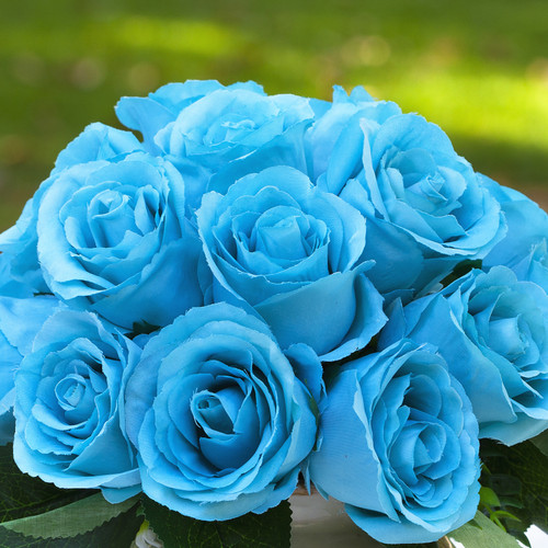 18 Heads Artificial Silk Rose Flower Arrangement in Ceramic Pot (Aqua)