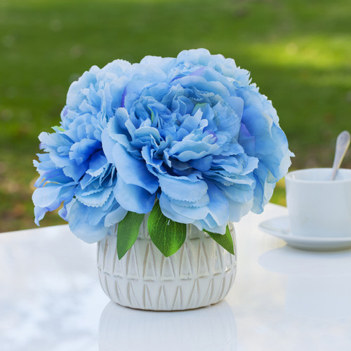 Artificial Silk Peony Flower  in Ceramic Pot (Blue)