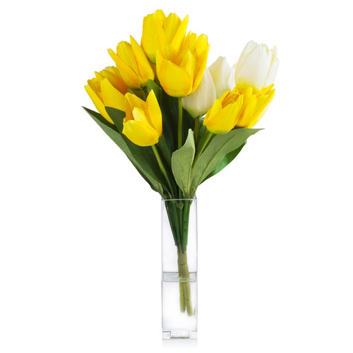 18 Heads Artificial Tulip Flower Arrangement in Glass Vase(Yellow White)