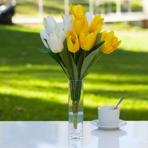 18 Heads Artificial Tulip Flower Arrangement in Glass Vase(Yellow White)