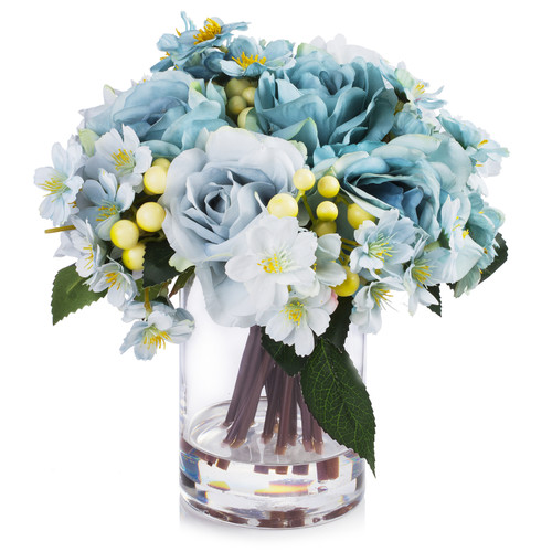 Mixed Artificial Rose Flower Arrangement in Clear Glass Vase(Blue)