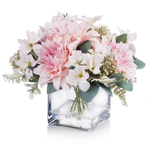 Mixed Artificial Dahlia Flower Arrangement in Clear Glass Vase