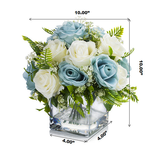 Artificial RoseFlower Arrangement in Clear Glass Vase(Cream Blue)
