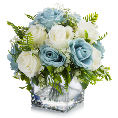 Artificial RoseFlower Arrangement in Clear Glass Vase(Cream Blue)