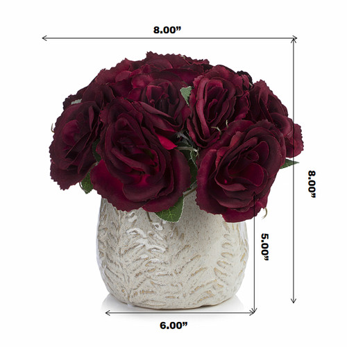 Artificial Velvet Rose Flower  in Ceramic Pot (Burgundy)