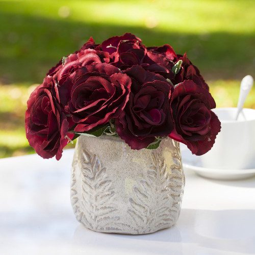 Artificial Velvet Rose Flower  in Ceramic Pot (Burgundy)