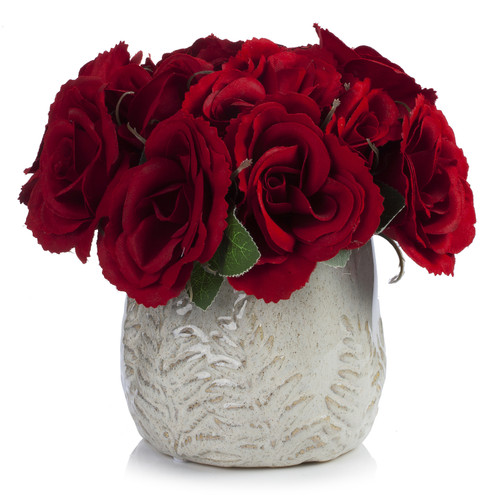 Artificial Velvet Rose Flower  in Ceramic Pot (Red)