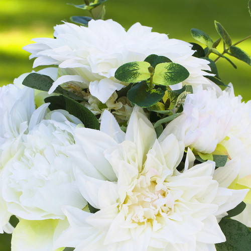 Mixed Artificial Silk Dahlia and Peony Flower Arrangement in Clear Glass Vase
