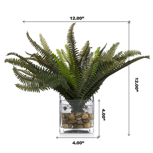 12 Inch Artificial Fern Plant In Cube Glass Vase with River Rock