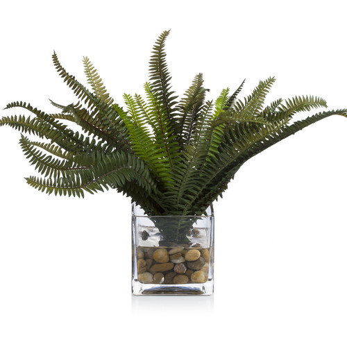 12 Inch Artificial Fern Plant In Cube Glass Vase with River Rock