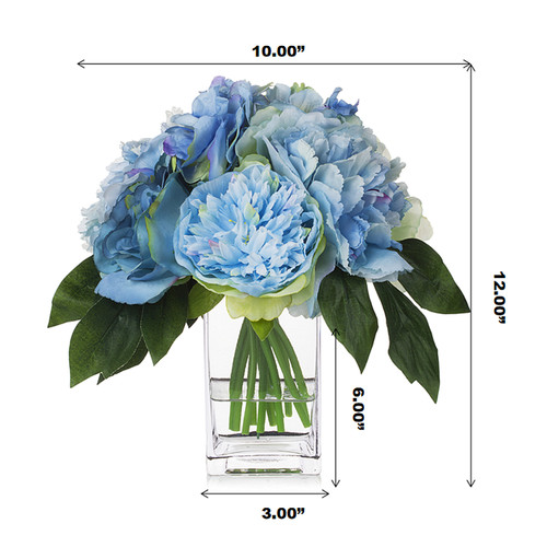 Mixed Artificial Peony Rose and Hydrangea Flower With Clear Glass Vase(Blue)