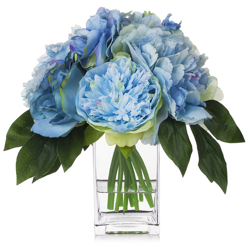 Mixed Artificial Peony Rose and Hydrangea Flower With Clear Glass Vase(Blue)