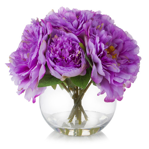 Artificial Silk Peony Flower Arrangement in Glass Bowl Vase with Faux Water