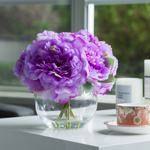 Artificial Silk Peony Flower Arrangement in Glass Bowl Vase with Faux Water