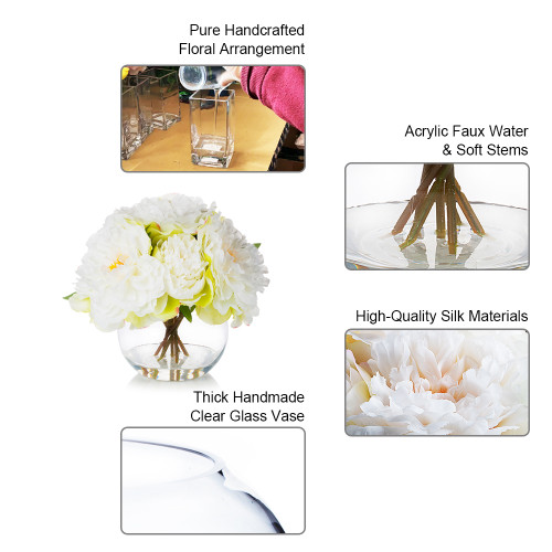 Artificial Silk Peony Flower Arrangement in Glass Bowl Vase with Faux Water