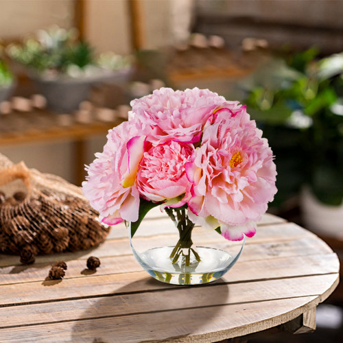 Artificial Silk Peony Flower Arrangement in Glass Bowl Vase with Faux Water