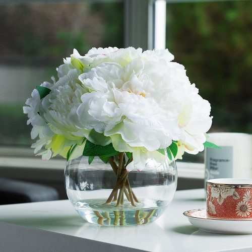 Artificial Silk Peony Flower Arrangement in Glass Bowl Vase with Faux Water