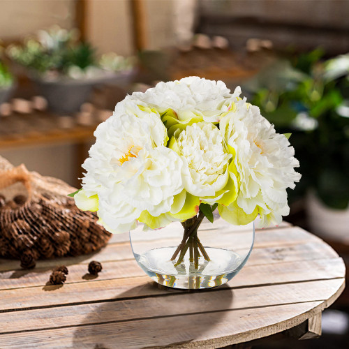 Artificial Silk Peony Flower Arrangement in Glass Bowl Vase with Faux Water