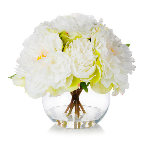 Artificial Silk Peony Flower Arrangement in Glass Bowl Vase with Faux Water