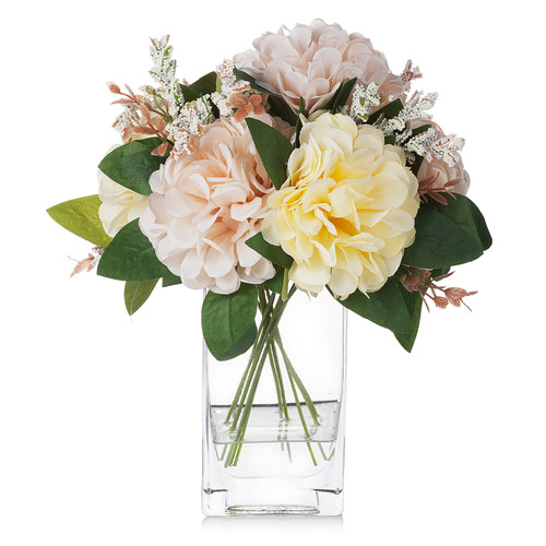 Artificial Silk Dahlia Flower Arrangement in Clear Glass Vase With Faux Water(Cream Beige)