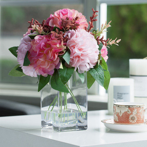 Artificial Silk Dahlia Flower in Clear Glass Vase With Faux Water(Pink)
