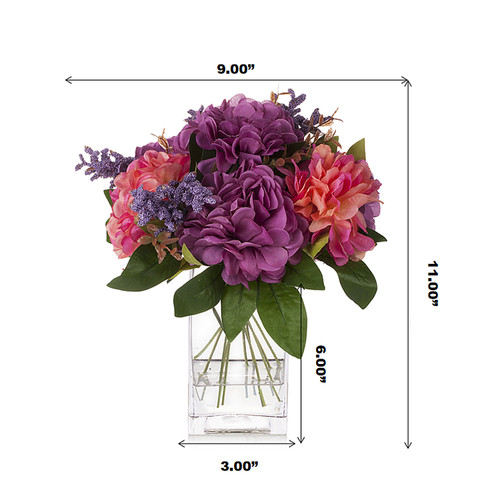 Artificial Silk Dahlia Flower in Clear Glass Vase With Faux Water(Purple Pink)