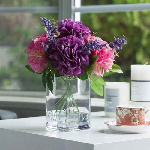 Artificial Silk Dahlia Flower in Clear Glass Vase With Faux Water(Purple Pink)