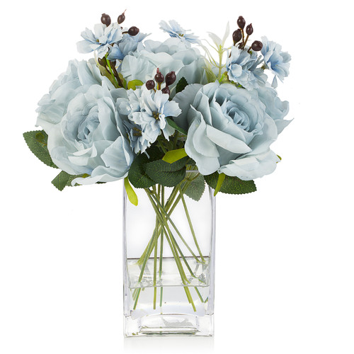 Artificial Silk Rose Flower in Clear Glass Vase With Faux Water(Blue)