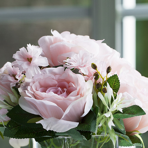 Artificial Silk Rose Flower in Clear Glass Vase With Faux Water(Pink)