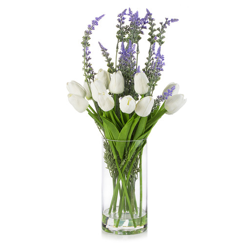 Mixed Artificial Real Touch Tulip and Lavender Arrangement in Clear Glass Vase