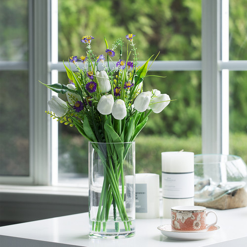 Mixed Artificial Real Touch Tulip and Mini Sunflower in Clear Glass Vase(White)