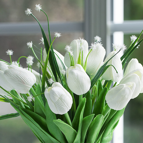 Mixed Artificial Real Touch Tulip and Star Grass in Clear Glass Vase