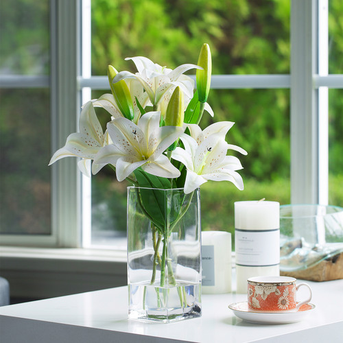 Artificial Real Touch Tiger Lily Flower in Clear Glass Vase