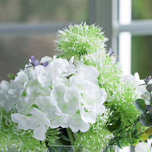 Mixed Artificial Silk Hydrangea and Greenery in Clear Glass Vase